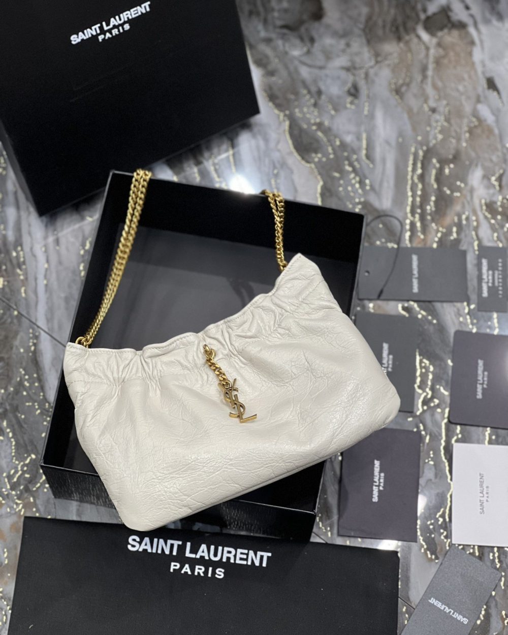 [REP 1:1] Saint Laurent Hobo Mini Bag White With Bronze Toned Hardware For Women 9.4in/24cm YSl