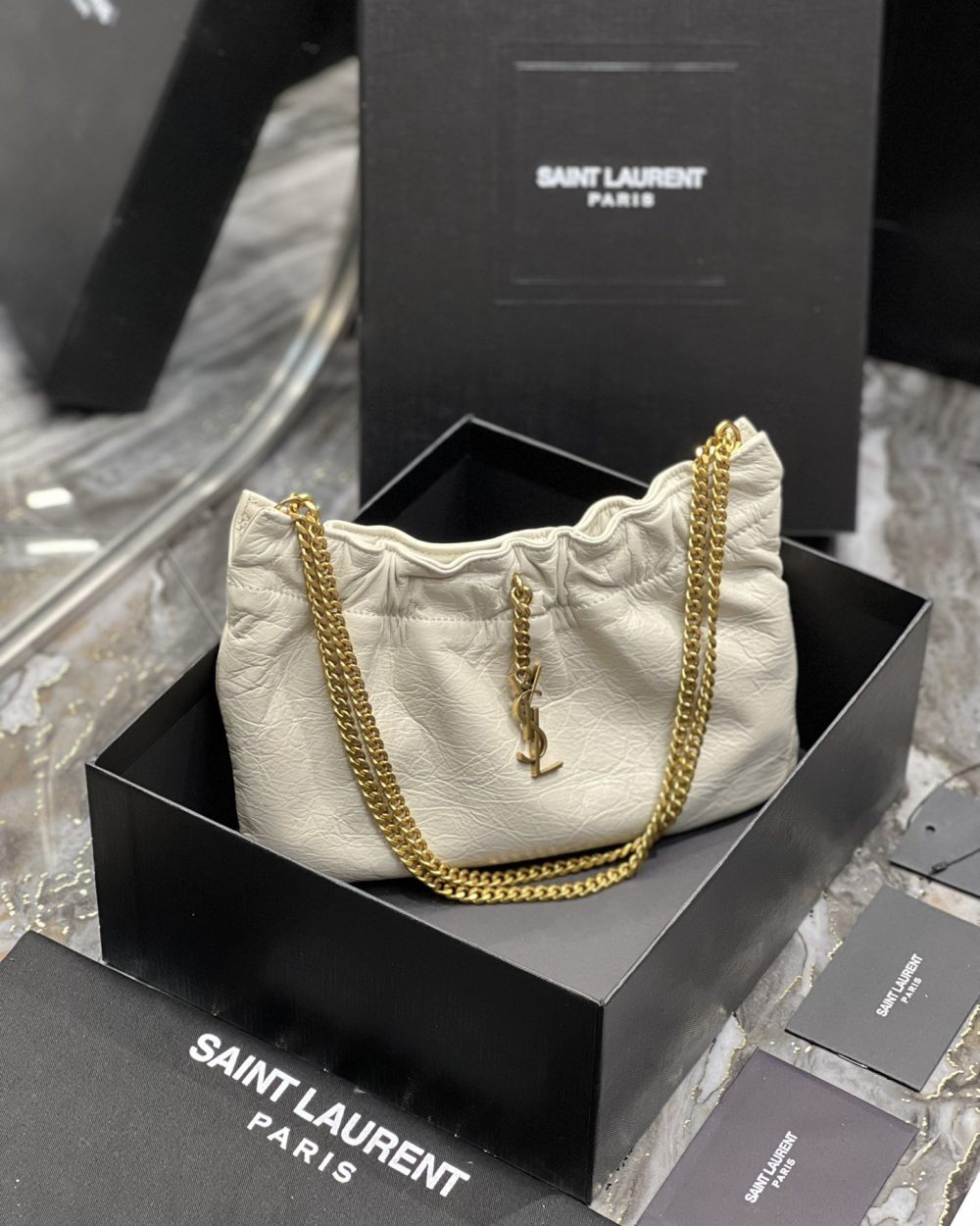 [REP 1:1] Saint Laurent Hobo Mini Bag White With Bronze Toned Hardware For Women 9.4in/24cm YSl