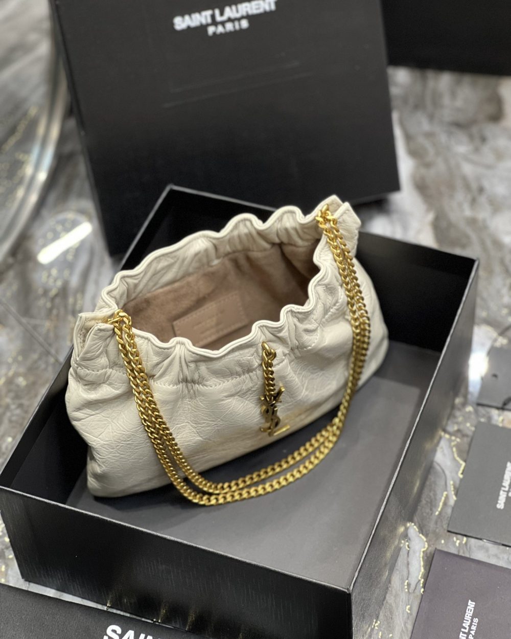 [REP 1:1] Saint Laurent Hobo Mini Bag White With Bronze Toned Hardware For Women 9.4in/24cm YSl