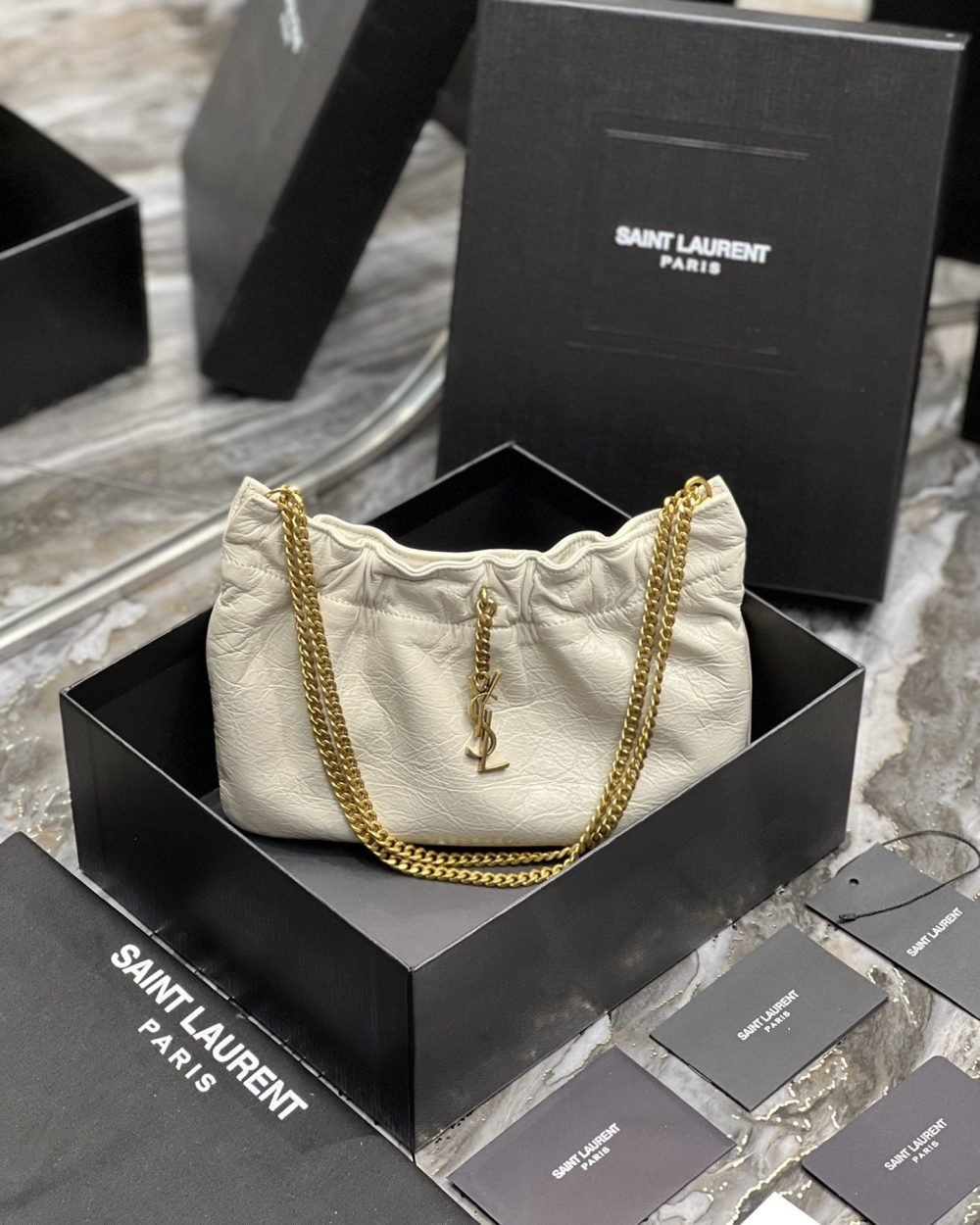 [REP 1:1] Saint Laurent Hobo Mini Bag White With Bronze Toned Hardware For Women 9.4in/24cm YSl