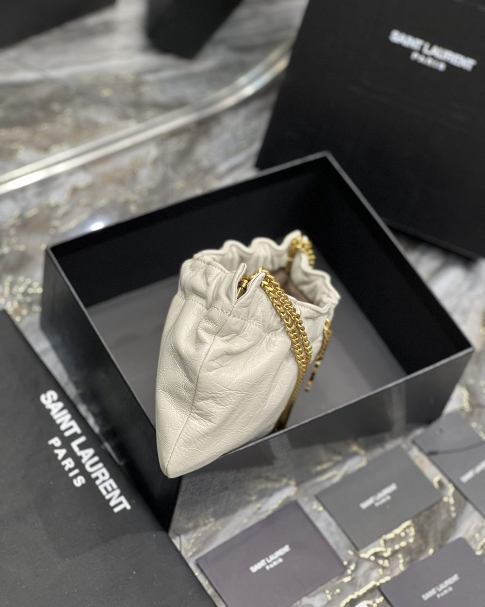 [REP 1:1] Saint Laurent Hobo Mini Bag White With Bronze Toned Hardware For Women 9.4in/24cm YSl