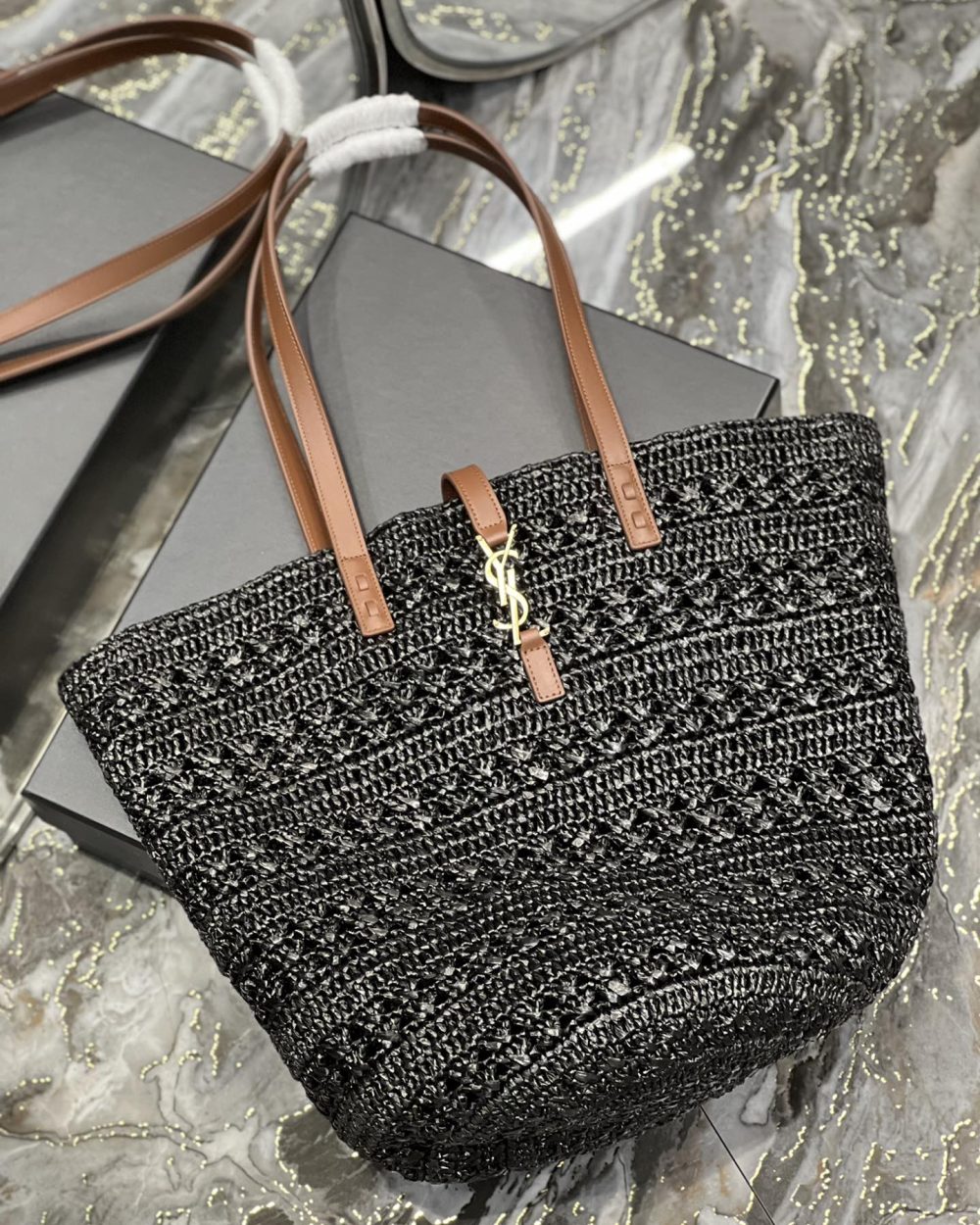 [REP 1:1] Saint Laurent Hollow Straw Woven Tote Bag Black For Women, Women's Bags 21.6in/55cm YSL