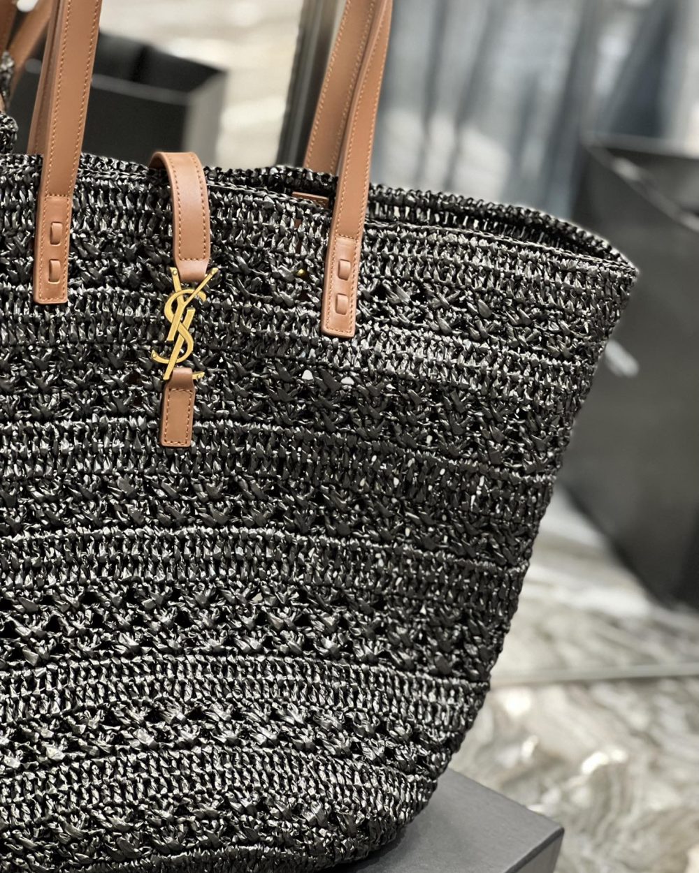 [REP 1:1] Saint Laurent Hollow Straw Woven Tote Bag Black For Women, Women's Bags 21.6in/55cm YSL