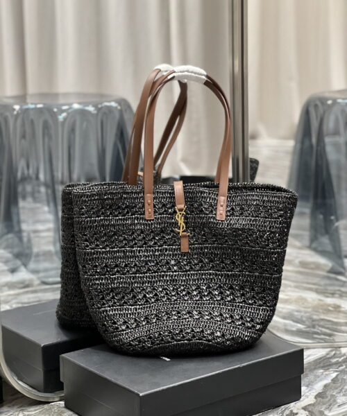 [REP 1:1] Saint Laurent Hollow Straw Woven Tote Bag Black For Women, Women's Bags 21.6in/55cm YSL
