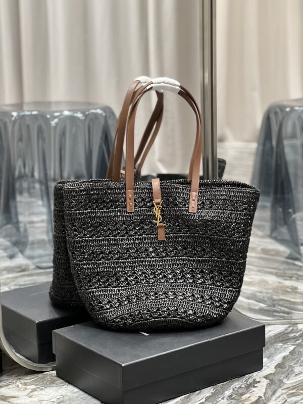 [REP 1:1] Saint Laurent Hollow Straw Woven Tote Bag Black For Women, Women's Bags 21.6in/55cm YSL