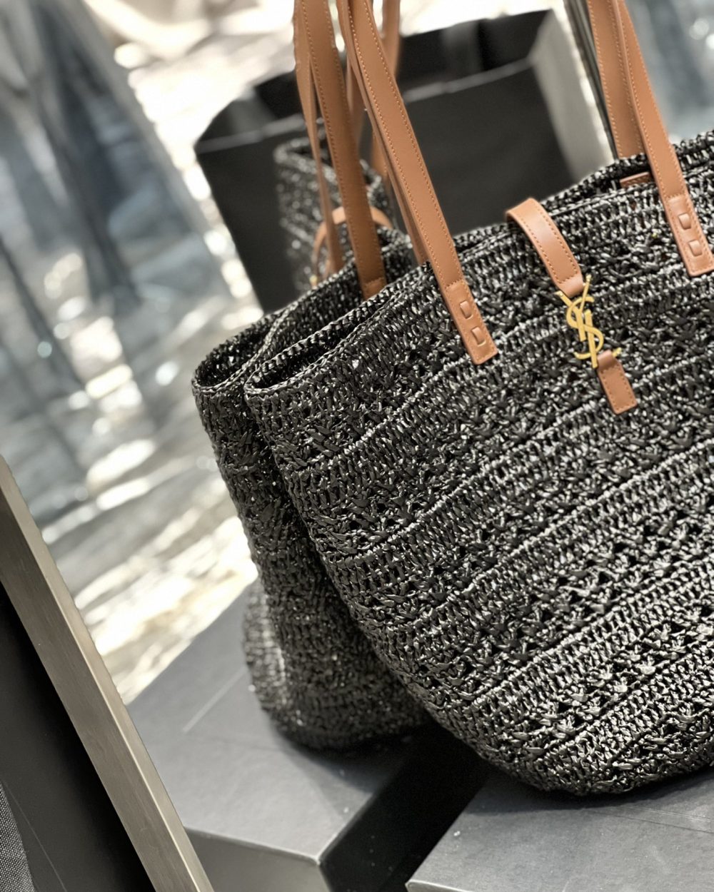 [REP 1:1] Saint Laurent Hollow Straw Woven Tote Bag Black For Women, Women's Bags 21.6in/55cm YSL