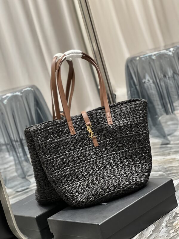 [REP 1:1] Saint Laurent Hollow Straw Woven Tote Bag Black For Women, Women's Bags 21.6in/55cm YSL