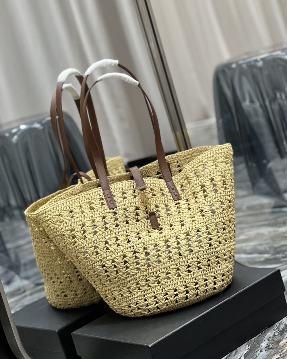 [REP 1:1] Saint Laurent Hollow Straw Woven Tote Bag Yellow For Women, Women's Bags 21.6in/55cm YSL