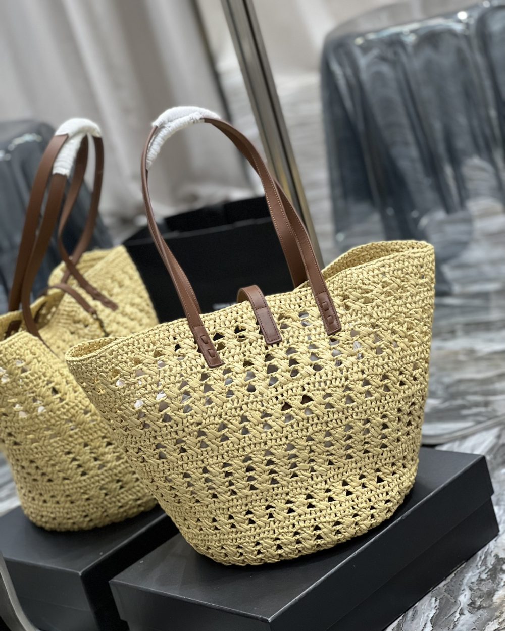 [REP 1:1] Saint Laurent Hollow Straw Woven Tote Bag Yellow For Women, Women's Bags 21.6in/55cm YSL