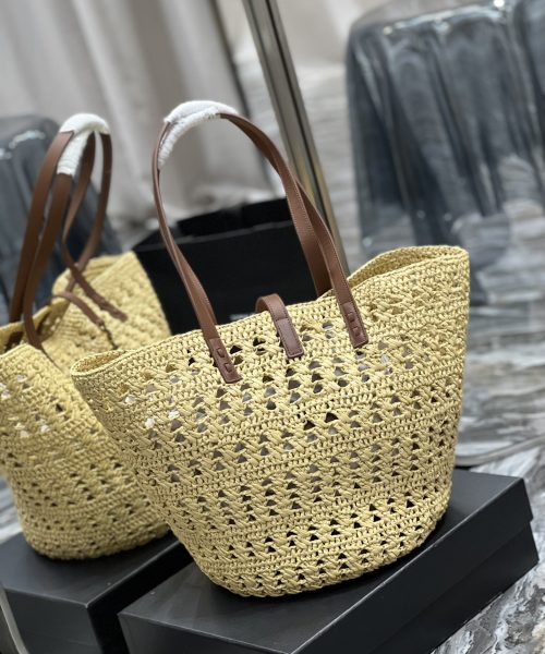 [REP 1:1] Saint Laurent Hollow Straw Woven Tote Bag Yellow For Women, Women's Bags 21.6in/55cm YSL