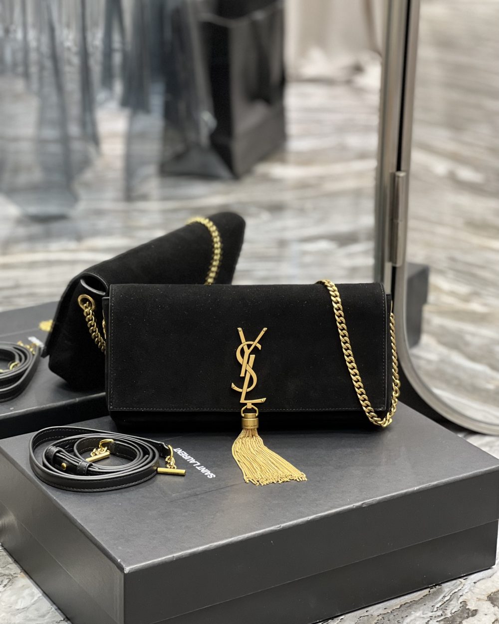 [REP 1:1] Saint Laurent Kate 99 Chain Bag With Tassel Black For Women, Women's Bags 10.2in/26cm YSL