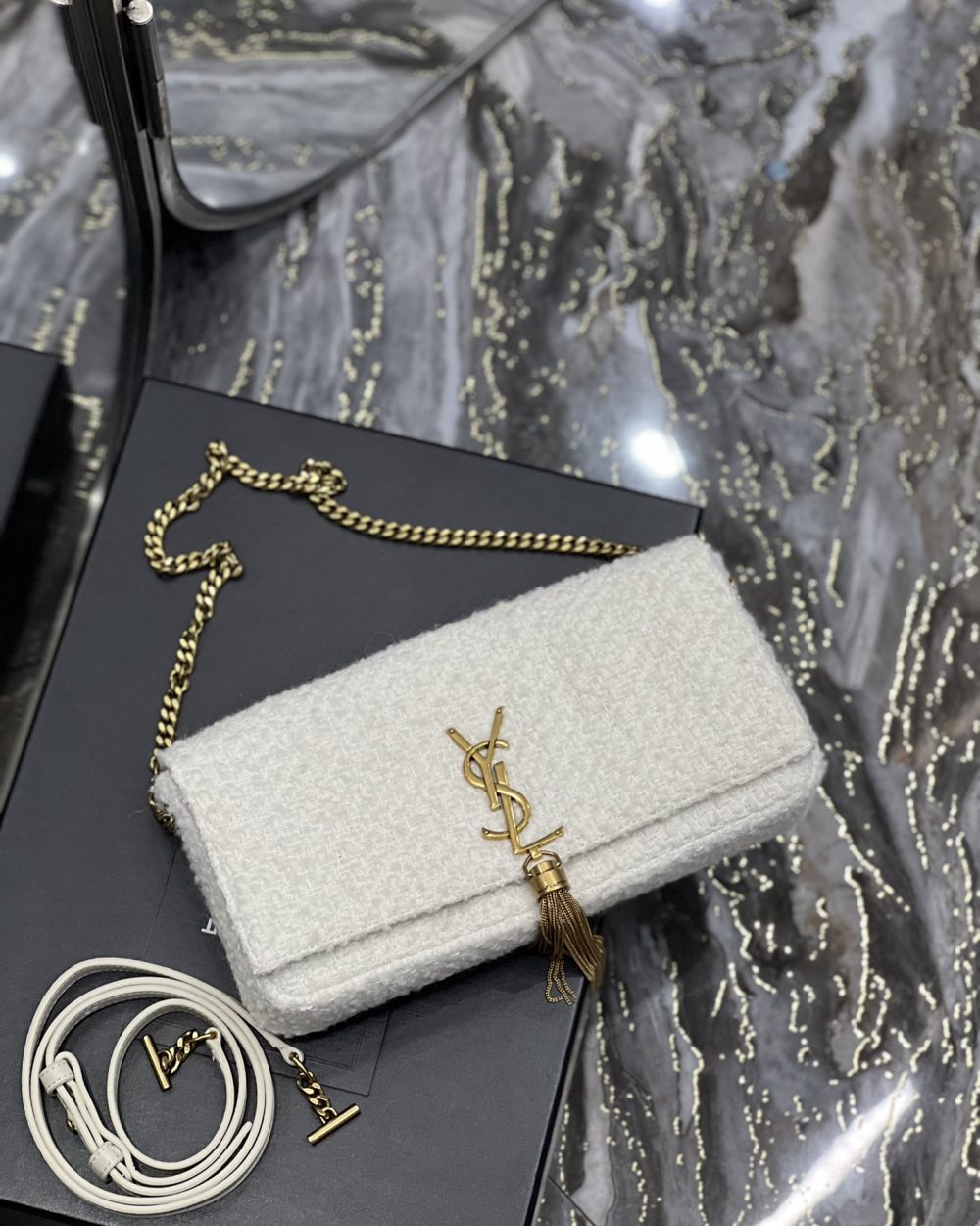 [REP 1:1] Saint Laurent Kate 99 Chain Bag With Tassel White For Women, Women's Bags 10.2in/26cm YSL
