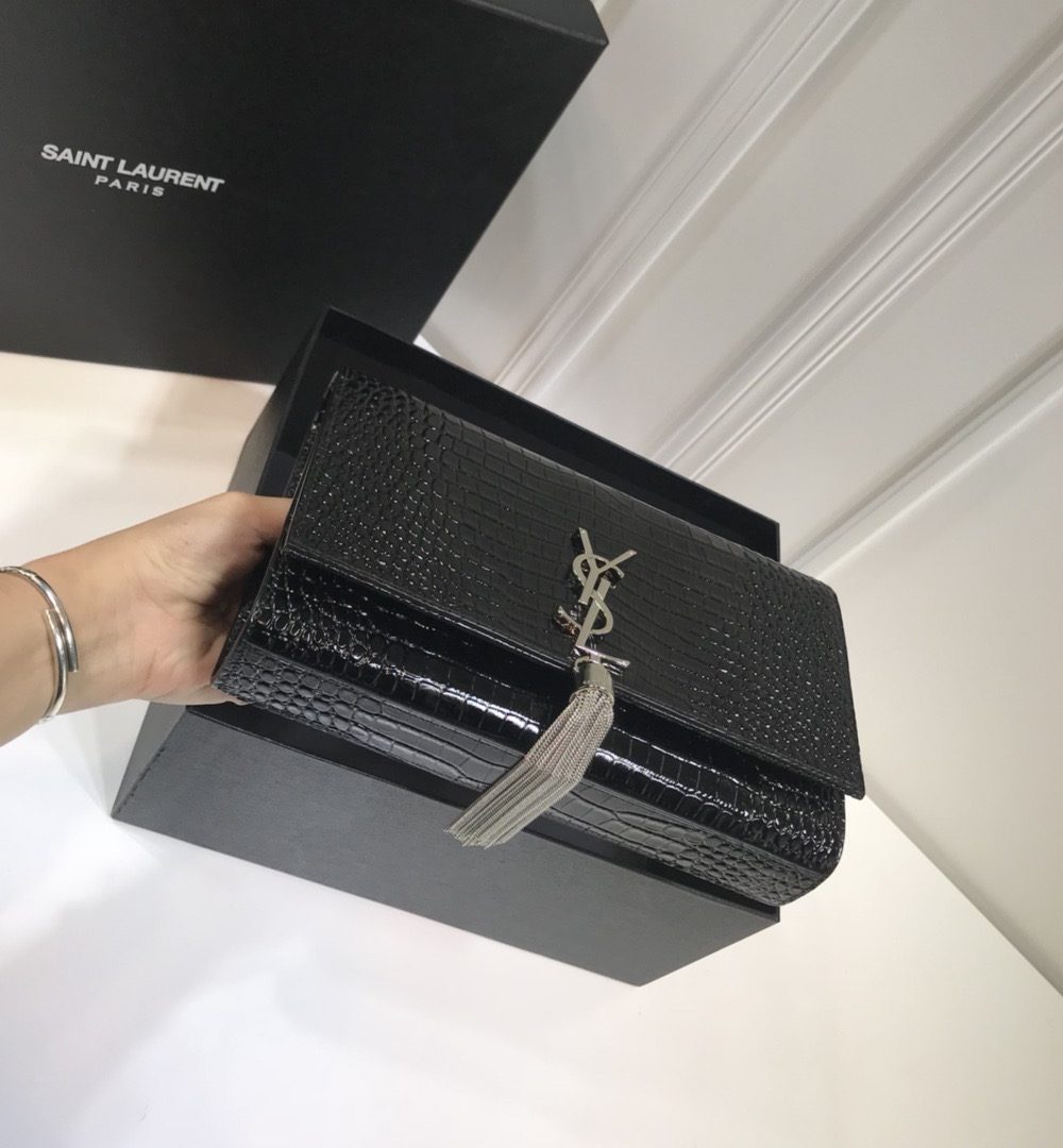 [REP 1:1] Saint Laurent Kate Medium Chain Bag With Tassel In Embossed Crocodile Black For Women 9.4in/24cm YSL 354119DND0N1000