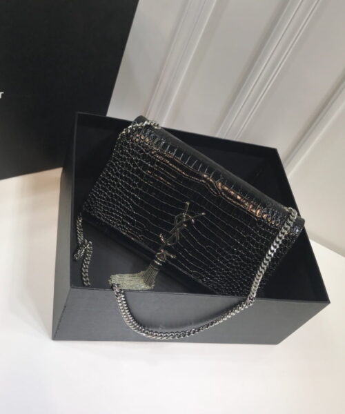 [REP 1:1] Saint Laurent Kate Medium Chain Bag With Tassel In Embossed Crocodile Black For Women 9.4in/24cm YSL 354119DND0N1000