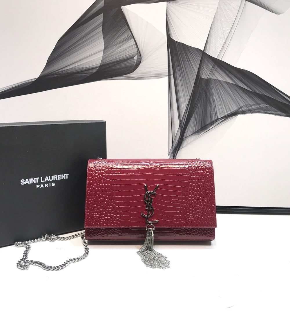 [REP 1:1] Saint Laurent Kate Medium Chain Bag With Tassel In Embossed Crocodile Burgundy For Women 9.4in/24cm YSL