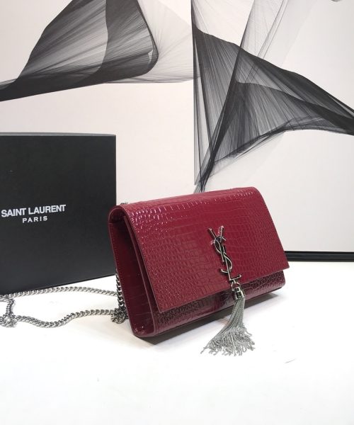[REP 1:1] Saint Laurent Kate Medium Chain Bag With Tassel In Embossed Crocodile Burgundy For Women 9.4in/24cm YSL
