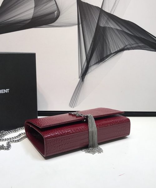 [REP 1:1] Saint Laurent Kate Medium Chain Bag With Tassel In Embossed Crocodile Burgundy For Women 9.4in/24cm YSL