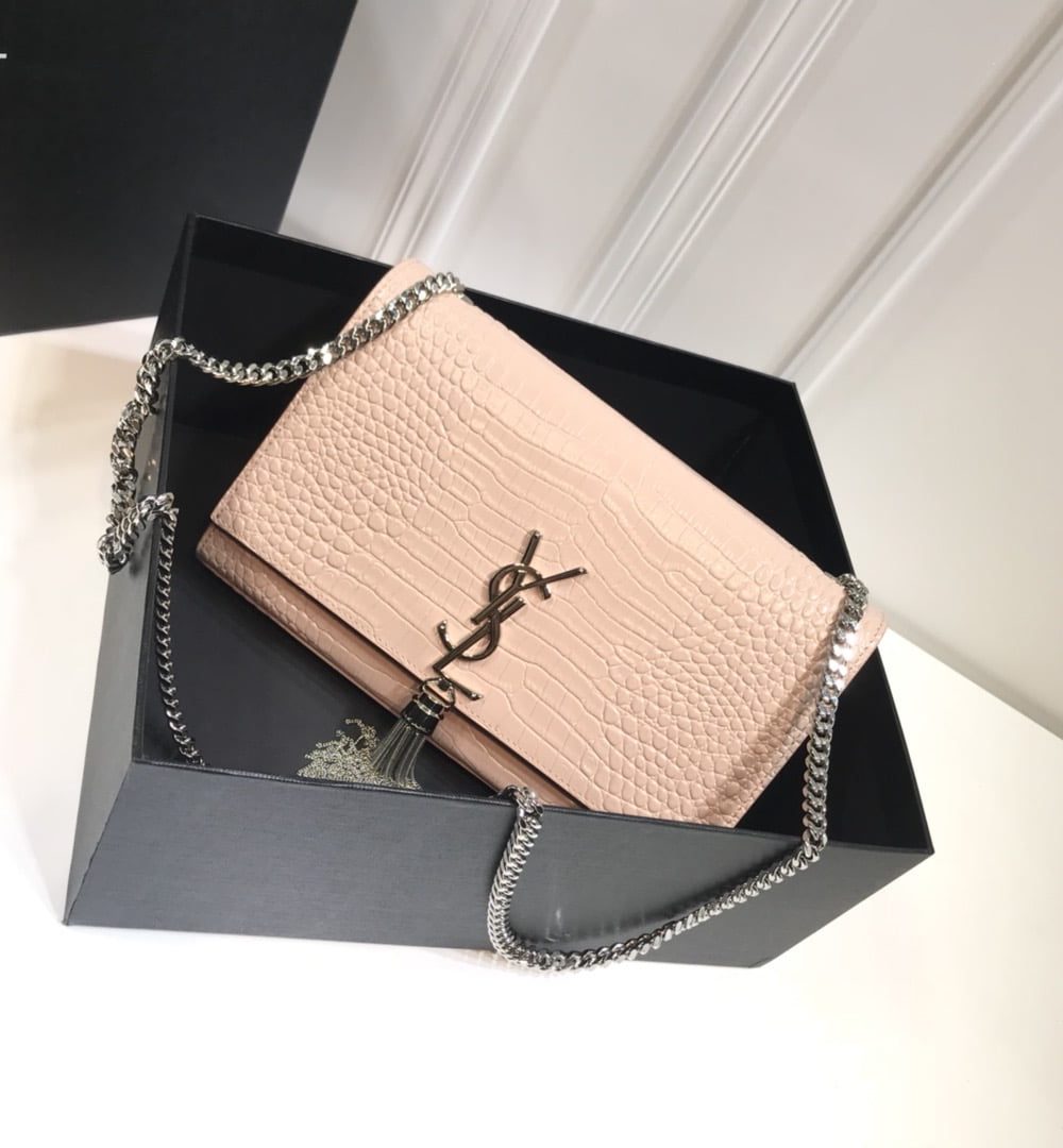 [REP 1:1] Saint Laurent Kate Medium Chain Bag With Tassel In Embossed Crocodile Dark Beige For Women 9.4in/24cm YSL