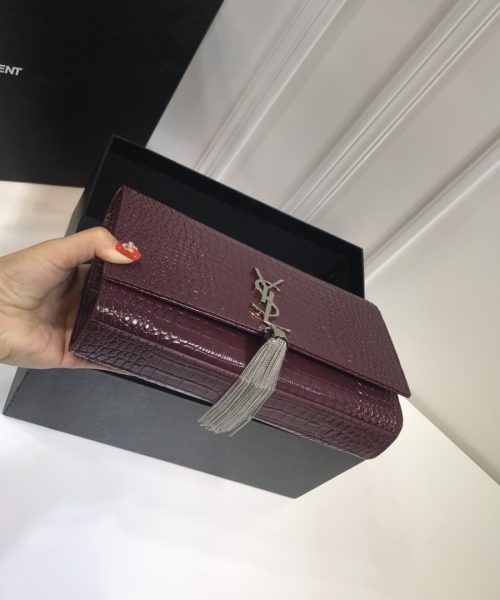 [REP 1:1] Saint Laurent Kate Medium Chain Bag With Tassel In Embossed Crocodile Dark Violet For Women 9.4in/24cm YSL