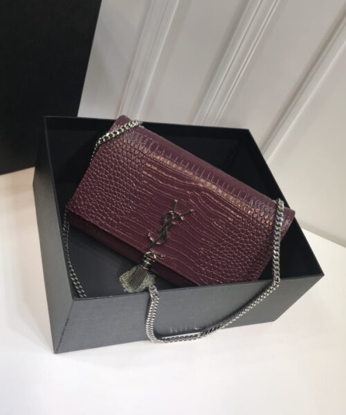 [REP 1:1] Saint Laurent Kate Medium Chain Bag With Tassel In Embossed Crocodile Dark Violet For Women 9.4in/24cm YSL