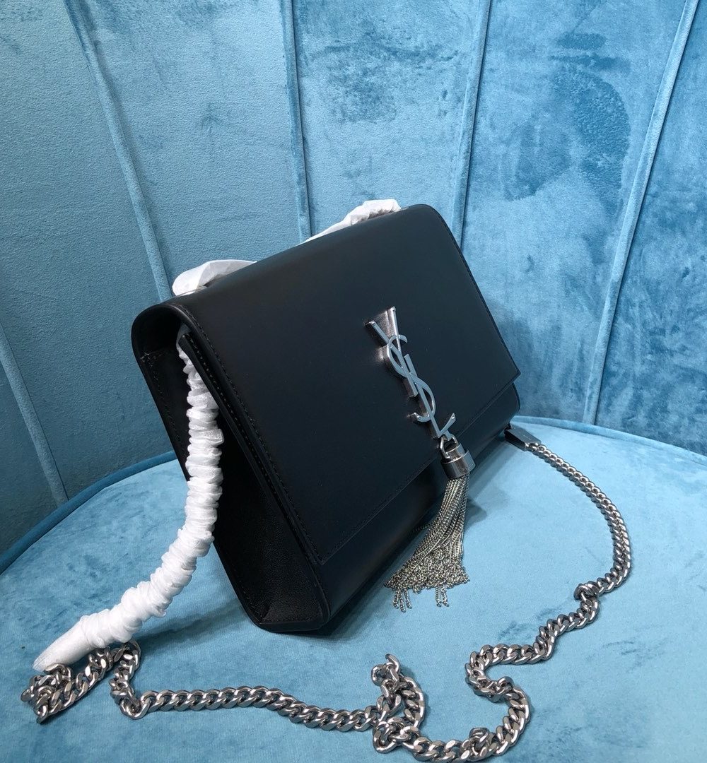 [REP 1:1] Saint Laurent Kate Medium Chain Bag With Tassel In Grain De Poudre Black For Women 9.4in/24cm YSL 354119BOW0N1000