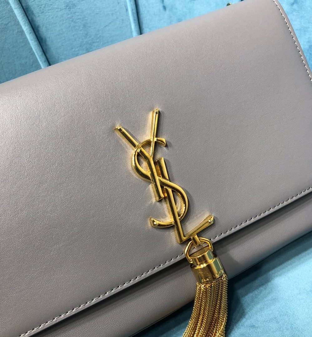 [REP 1:1] Saint Laurent Kate Medium Chain Bag With Tassel In Grain De Poudre Grey For Women 9.4in/24cm YSL