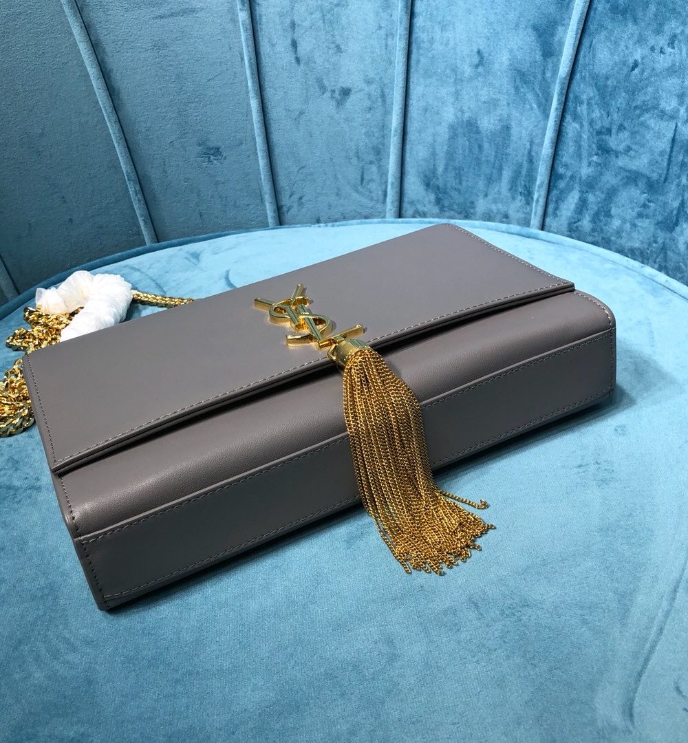 [REP 1:1] Saint Laurent Kate Medium Chain Bag With Tassel In Grain De Poudre Grey For Women 9.4in/24cm YSL