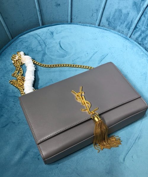 [REP 1:1] Saint Laurent Kate Medium Chain Bag With Tassel In Grain De Poudre Grey For Women 9.4in/24cm YSL