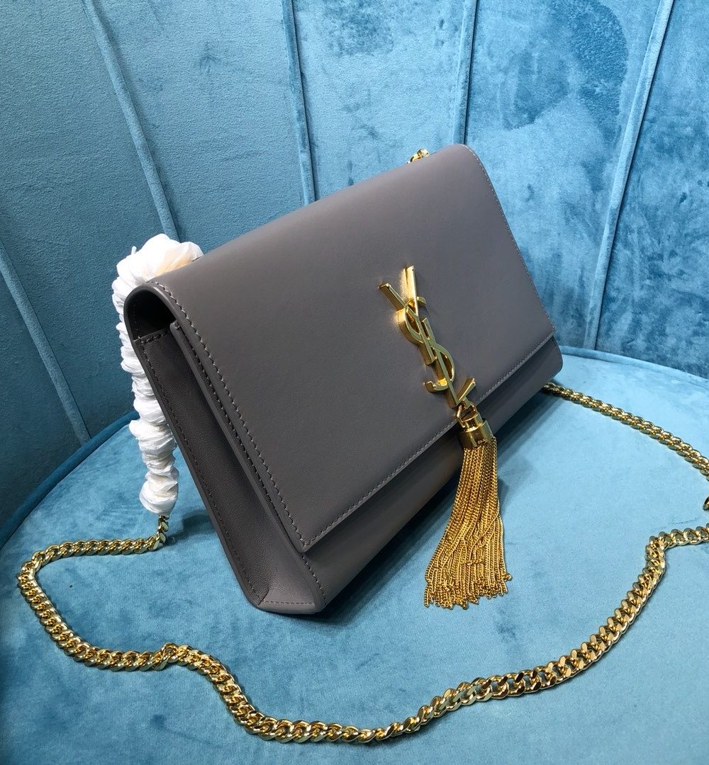 [REP 1:1] Saint Laurent Kate Medium Chain Bag With Tassel In Grain De Poudre Grey For Women 9.4in/24cm YSL