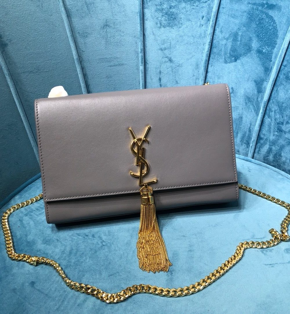 [REP 1:1] Saint Laurent Kate Medium Chain Bag With Tassel In Grain De Poudre Grey For Women 9.4in/24cm YSL