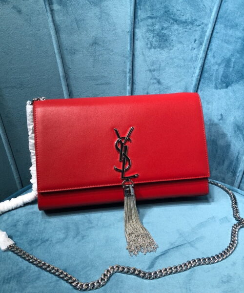 [REP 1:1] Saint Laurent Kate Medium Chain Bag With Tassel In Grain De Poudre Red For Women 9.4in/24cm YSL