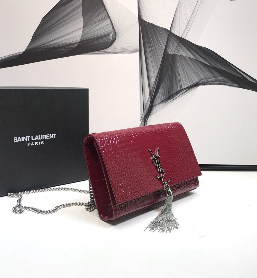 [REP 1:1] Saint Laurent Kate Medium Chain Bag With Tassel In Shiny-Embossed Burgundy For Women 9.4in/24cm