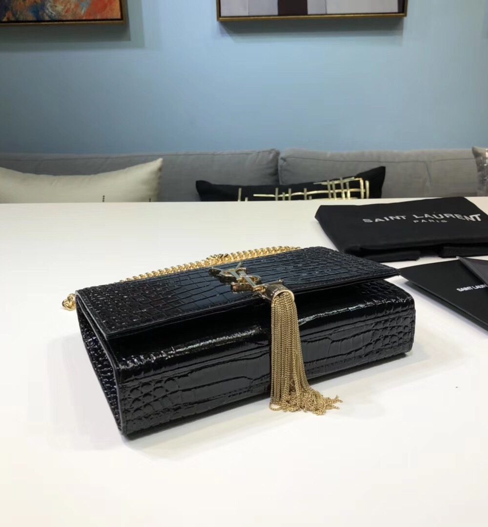 [REP 1:1] Saint Laurent Kate Small Chain Bag With Tassel In Embossed Black For Women 7.8in/20cm YSL 474366DND0J1000