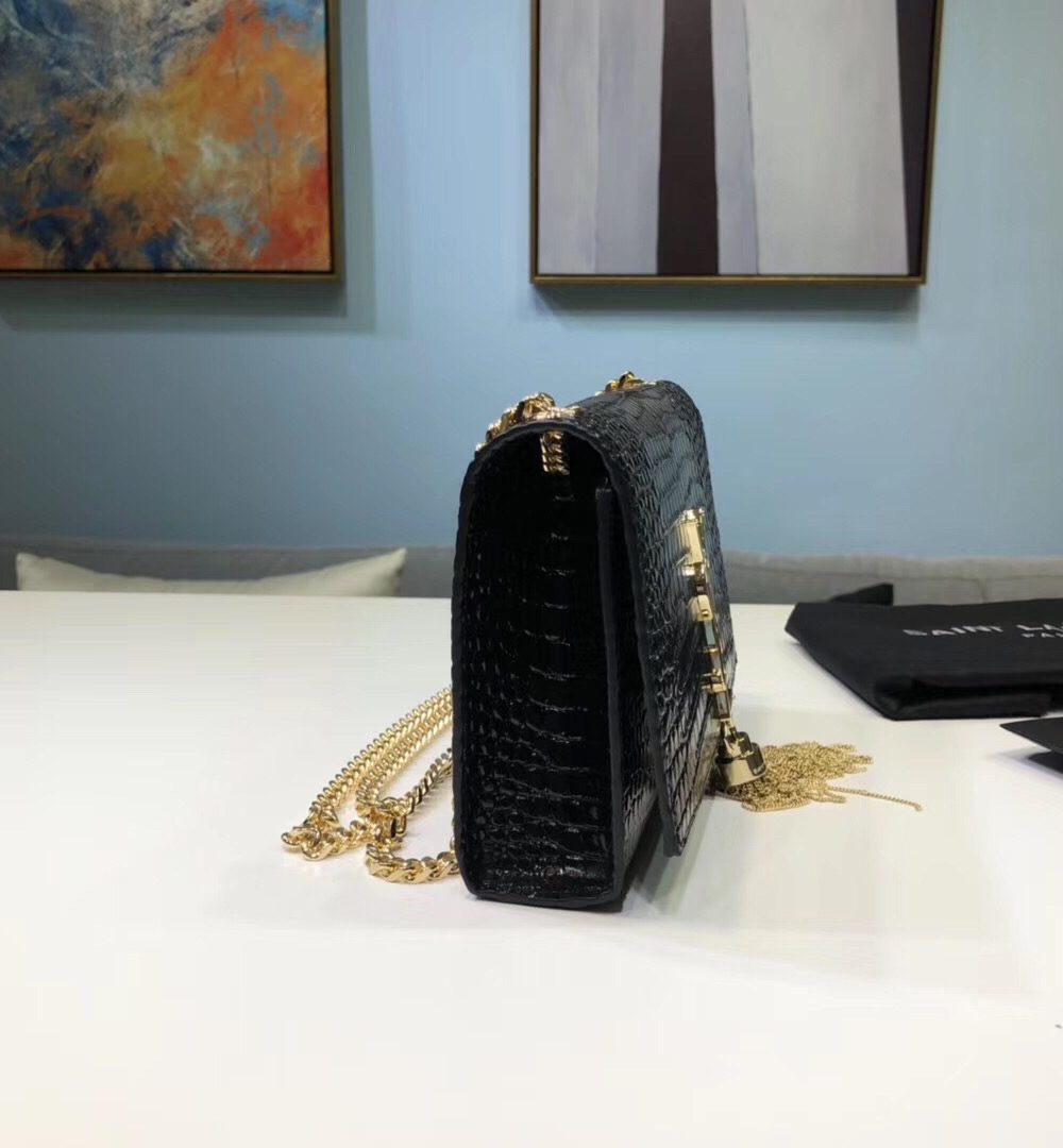 [REP 1:1] Saint Laurent Kate Small Chain Bag With Tassel In Embossed Black For Women 7.8in/20cm YSL 474366DND0J1000