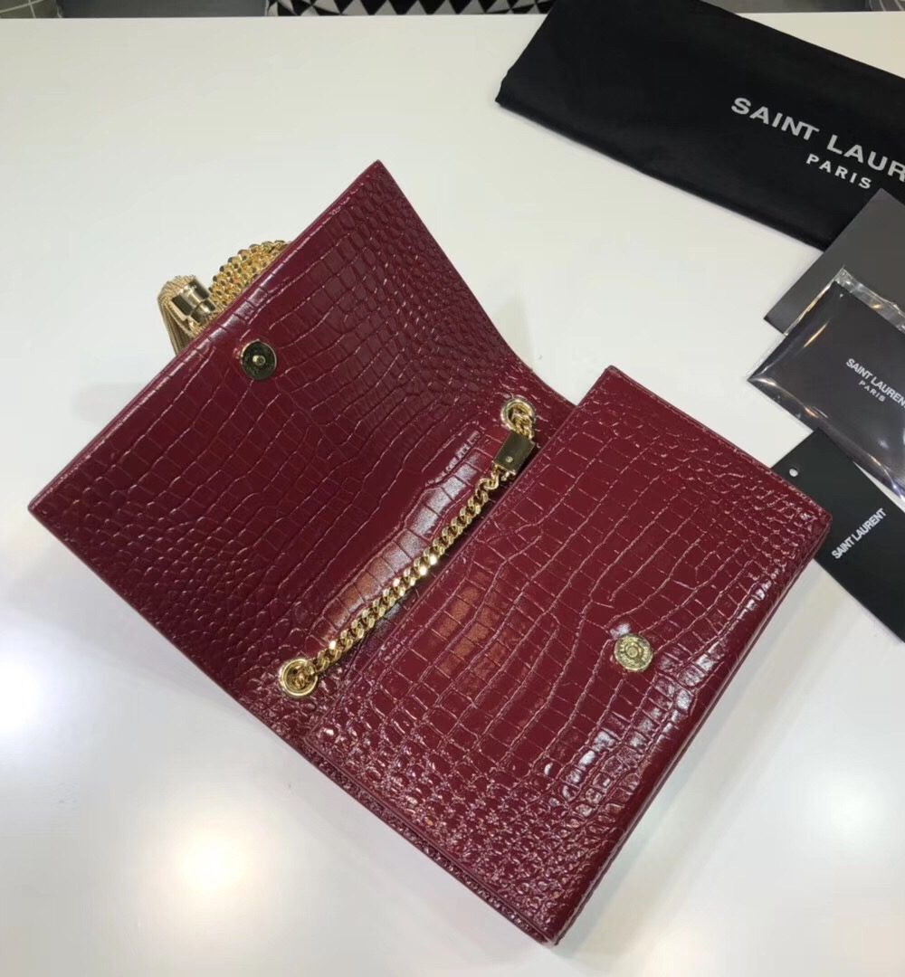 [REP 1:1] Saint Laurent Kate Small Chain Bag With Tassel In Embossed Burgundy For Women 7.8in/20cm YSL