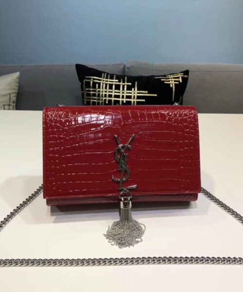 [REP 1:1] Saint Laurent Kate Small Chain Bag With Tassel In Embossed Burgundy For Women 7.8in/20cm YSL