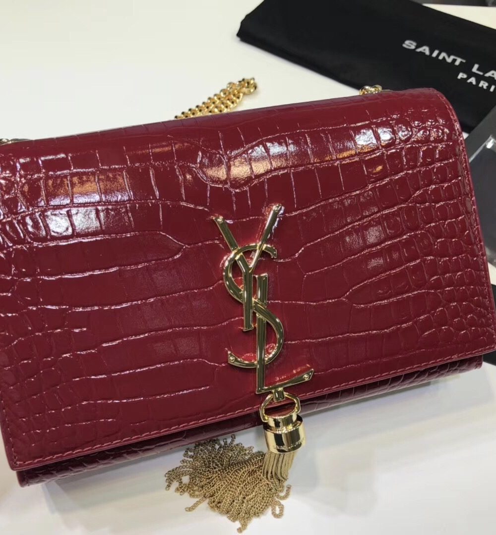 [REP 1:1] Saint Laurent Kate Small Chain Bag With Tassel In Embossed Burgundy For Women 7.8in/20cm YSL