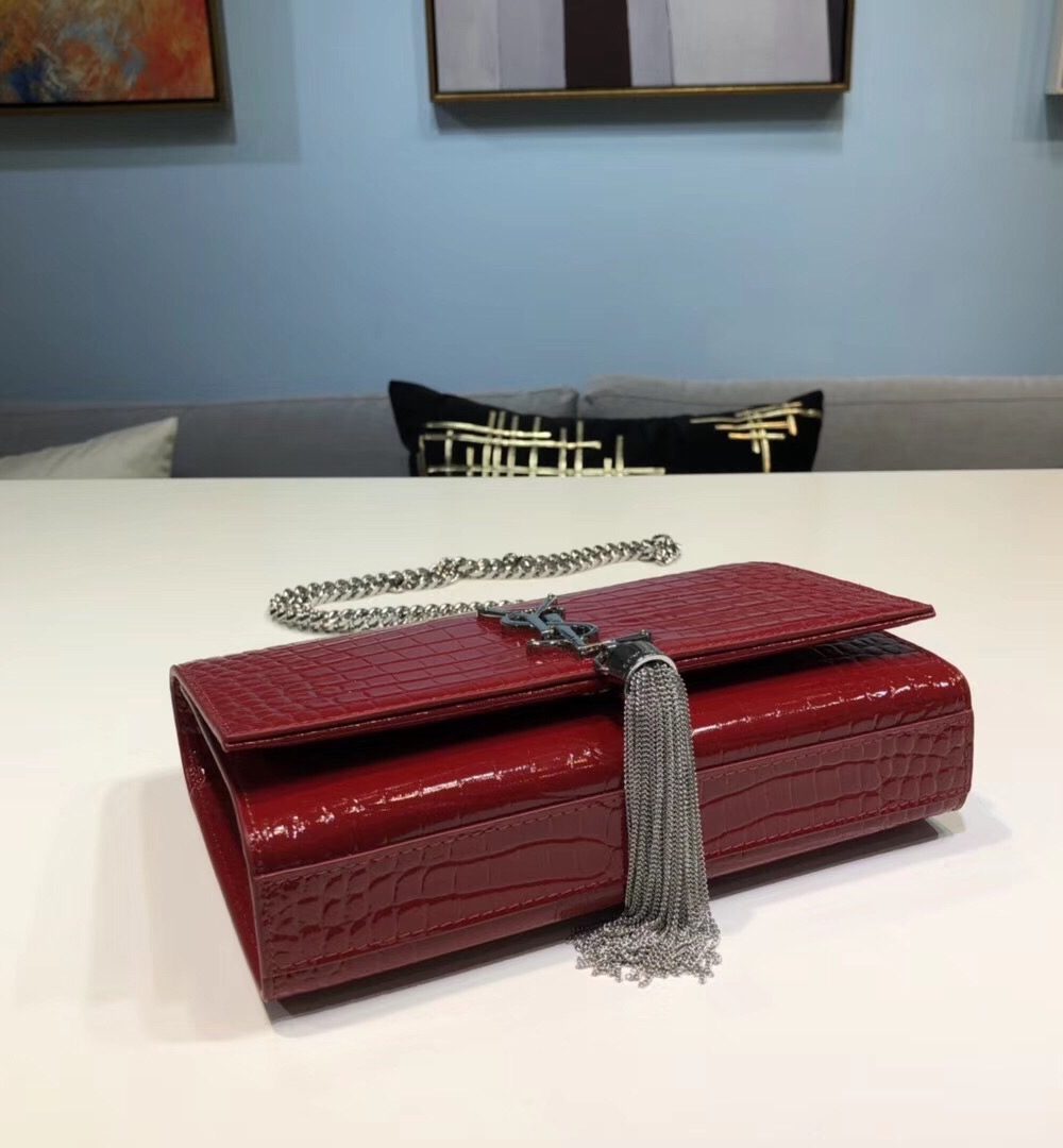 [REP 1:1] Saint Laurent Kate Small Chain Bag With Tassel In Embossed Burgundy For Women 7.8in/20cm YSL
