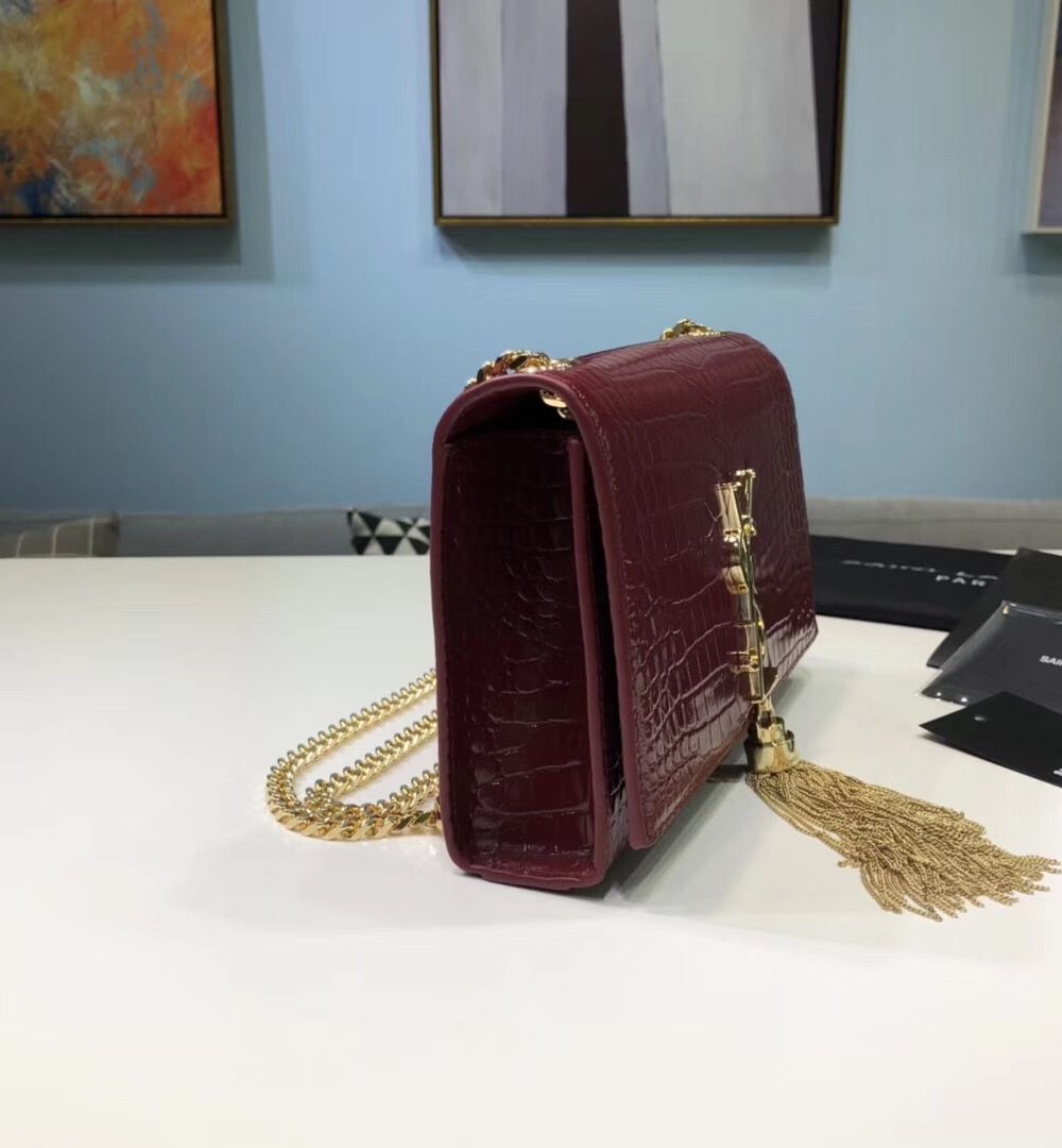 [REP 1:1] Saint Laurent Kate Small Chain Bag With Tassel In Embossed Burgundy For Women 7.8in/20cm YSL