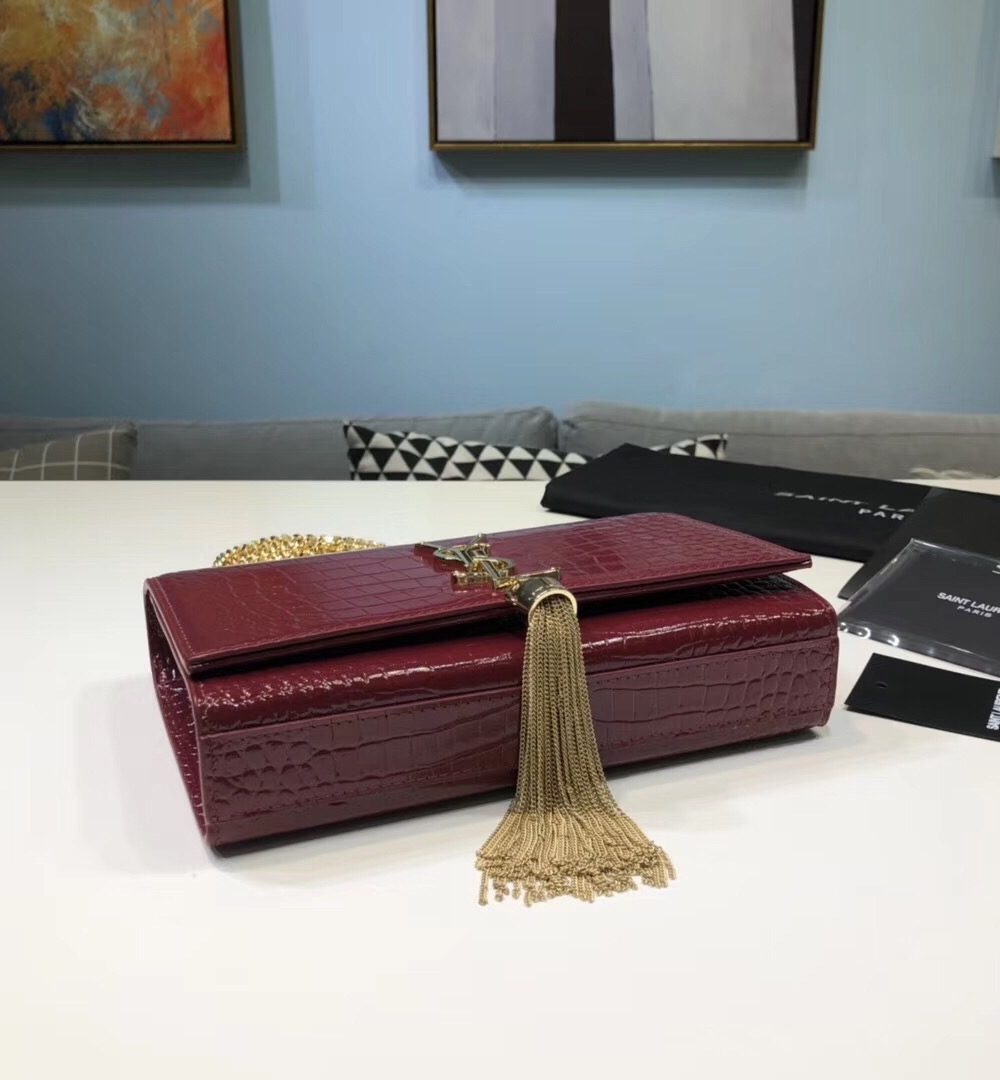 [REP 1:1] Saint Laurent Kate Small Chain Bag With Tassel In Embossed Burgundy For Women 7.8in/20cm YSL