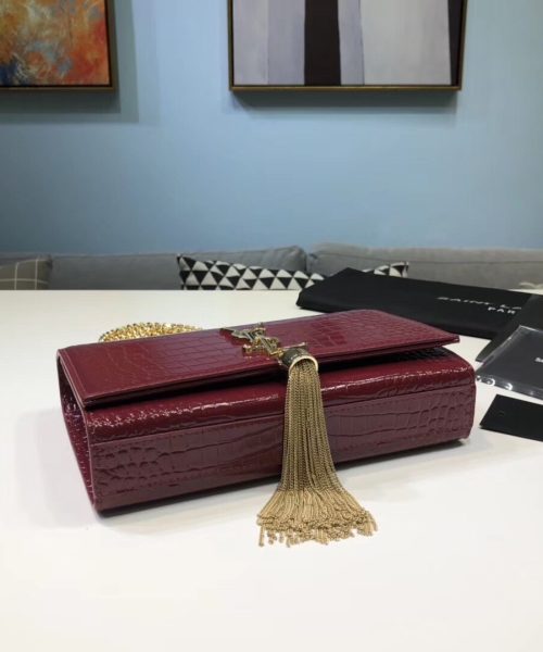 [REP 1:1] Saint Laurent Kate Small Chain Bag With Tassel In Embossed Burgundy For Women 7.8in/20cm YSL