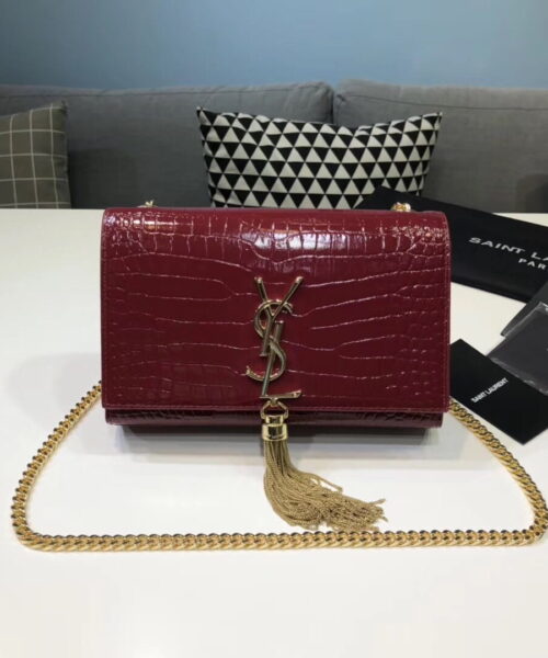 [REP 1:1] Saint Laurent Kate Small Chain Bag With Tassel In Embossed Burgundy For Women 7.8in/20cm YSL