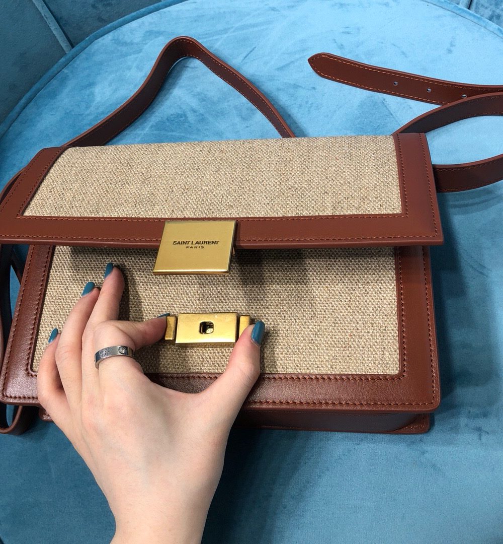 [REP 1:1] Saint Laurent Le Carré Satchel In Canvas And Box Natural Beige & Brick For Women 9in/23cm YSL