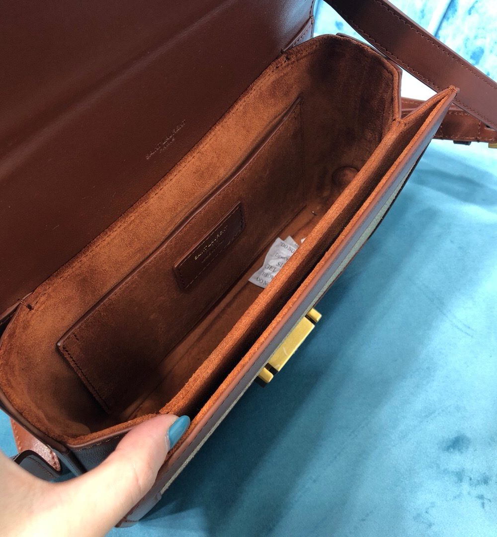 [REP 1:1] Saint Laurent Le Carré Satchel In Canvas And Box Natural Beige & Brick For Women 9in/23cm YSL