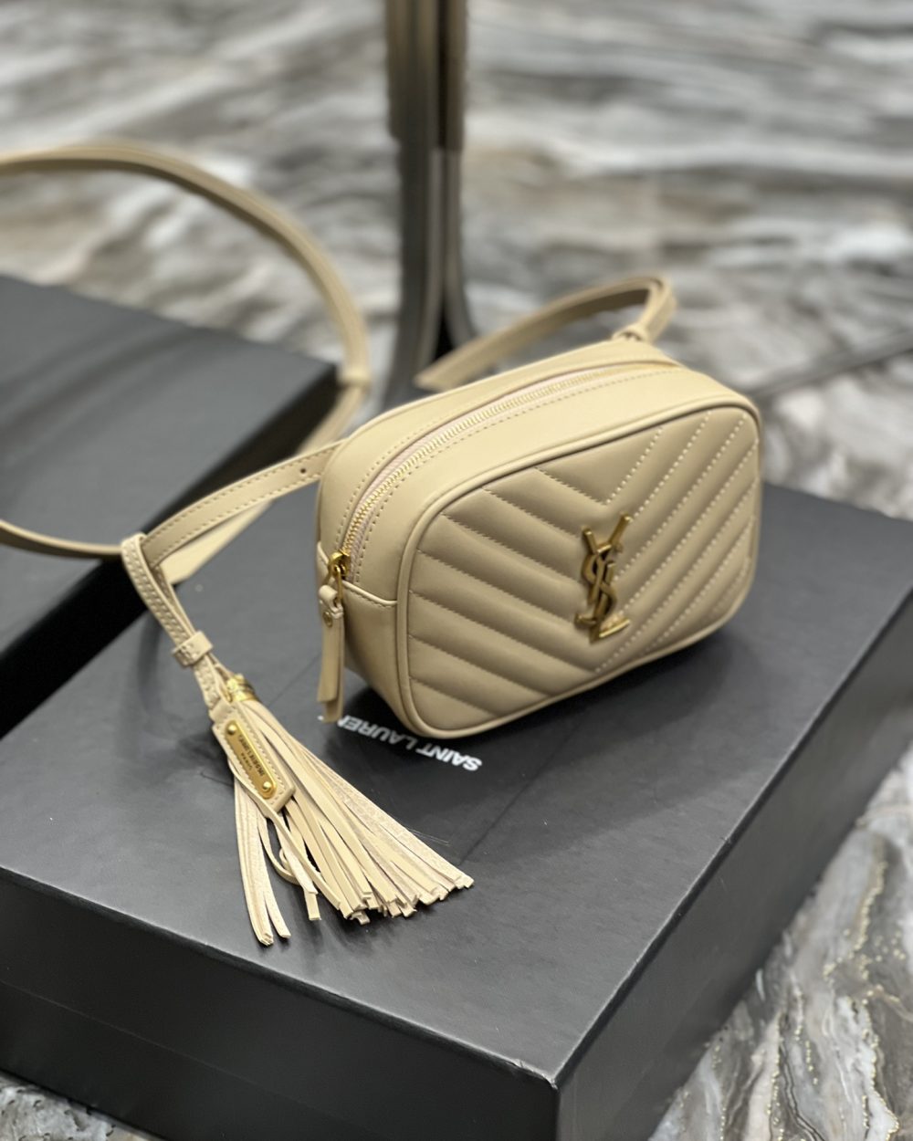 [REP 1:1] Saint Laurent Lou Belt Bag Beige In Matelassé Gold Toned Hardware For Women 6.1in/15cm YSL 614031DV7072721