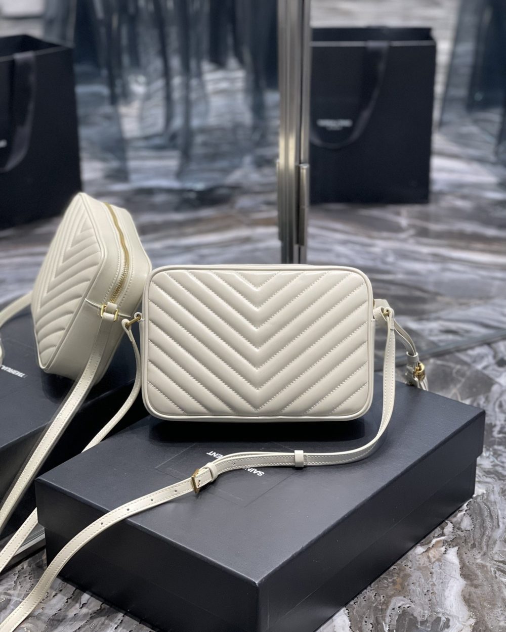 [REP 1:1] Saint Laurent Lou Camera Bag White With Gold Toned Hardware For Women 9in/23cm YSL 612544DV7079207