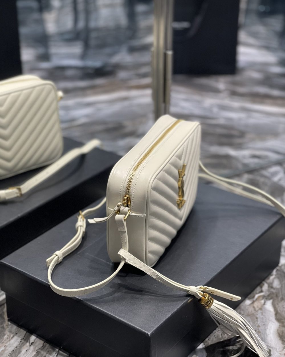 [REP 1:1] Saint Laurent Lou Camera Bag White With Gold Toned Hardware For Women 9in/23cm YSL 612544DV7079207