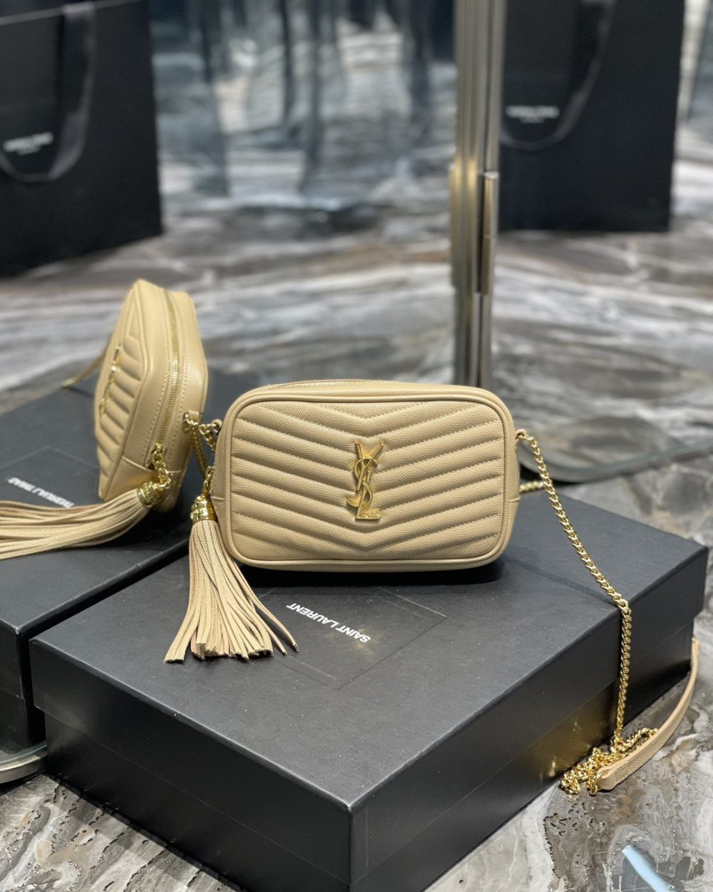 [REP 1:1] Saint Laurent Lou Mini Bag Beige In Quilted Grain De Poudre With Gold Hardware For Women 7.4in/19cm YSl 6125791GF012721