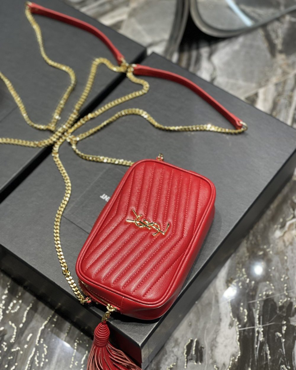 [REP 1:1] Saint Laurent Lou Mini Bag Red In Quilted Grain De Poudre With Gold Hardware For Women 7.4in/19cm YSl 6125791GF076008