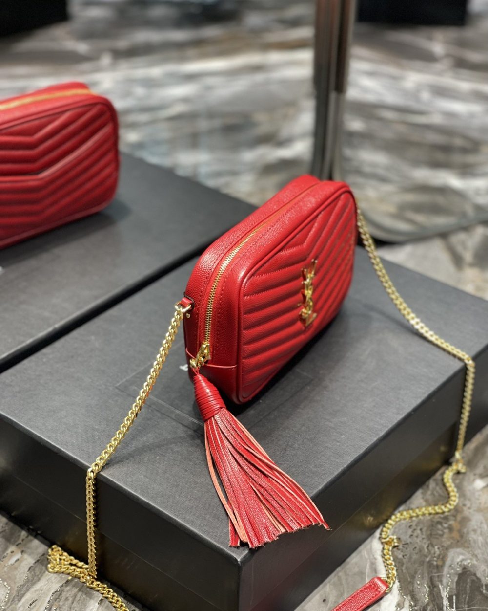 [REP 1:1] Saint Laurent Lou Mini Bag Red In Quilted Grain De Poudre With Gold Hardware For Women 7.4in/19cm YSl 6125791GF076008